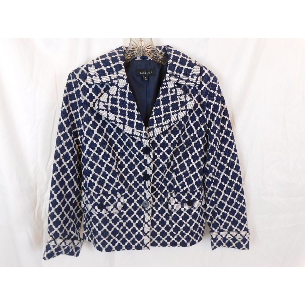 Talbots Blue & White Knit Blazer 3/4 Sleeve Jacket Size 8